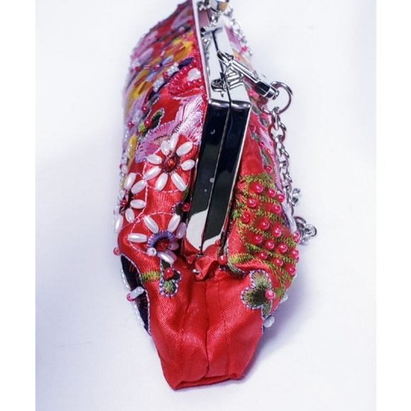SOLD☆ Beaded Floral Boho Red Clutch Shoulder Bag - Picture 8 of 9